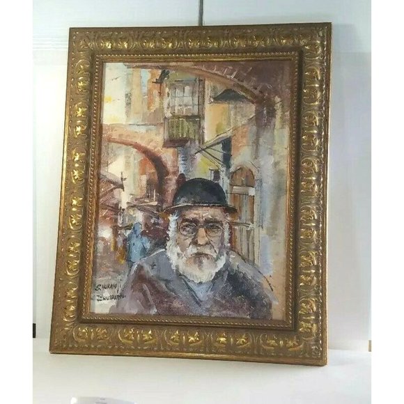 Vintage Old Man Portrait Oil Painting on Board Signed S. Vuranyi Jerusalem 21" - Picture 2 of 11